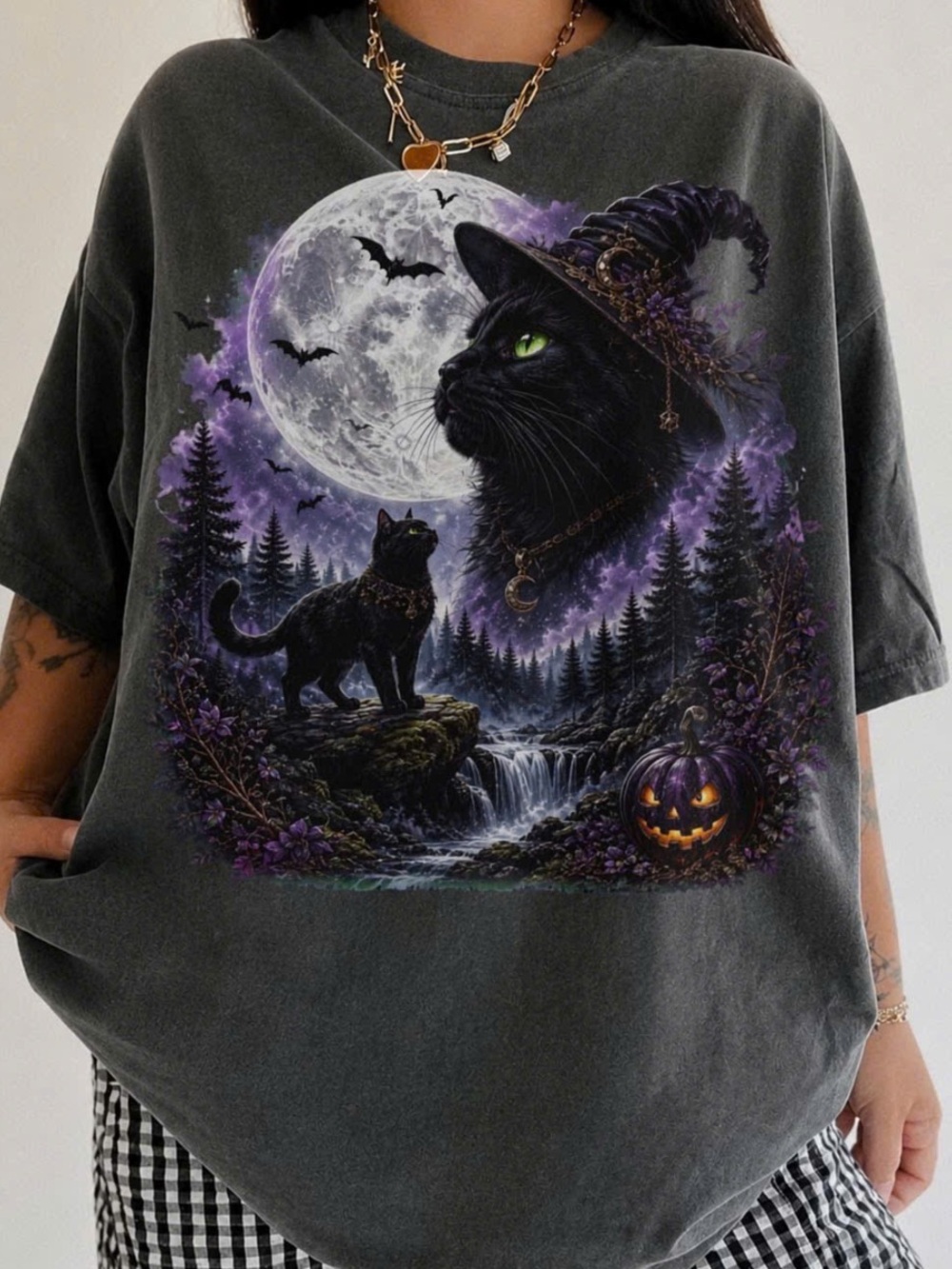 Comfort Colors Fun Cat Witch Graphic Tee, Retro Trick or Treat Halloween T-Shirt